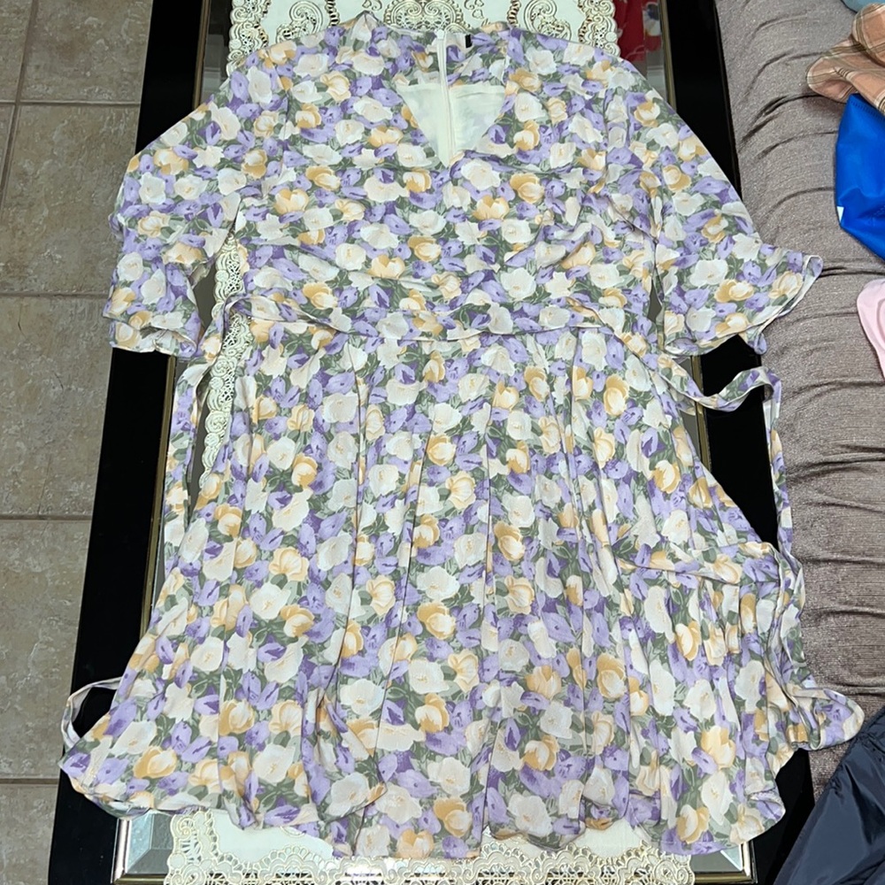 Purple and yellow floral mini dress with half sleeves